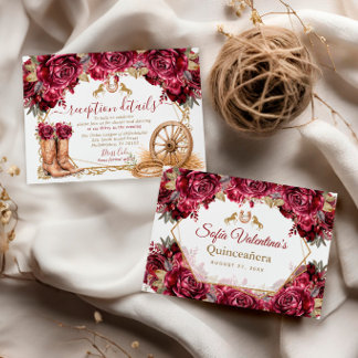 Tarjeta De Recepción Botas de vaquero Burgundy Gold Charra Quinceañera