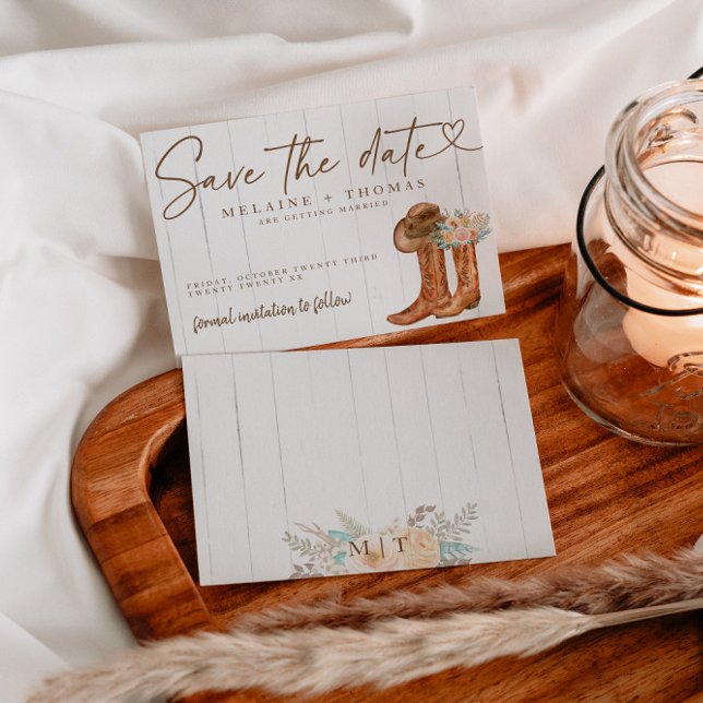Tarjeta De Recepción Botas y sombrero de campo rústico Save the Date fl (Subido por el creador)