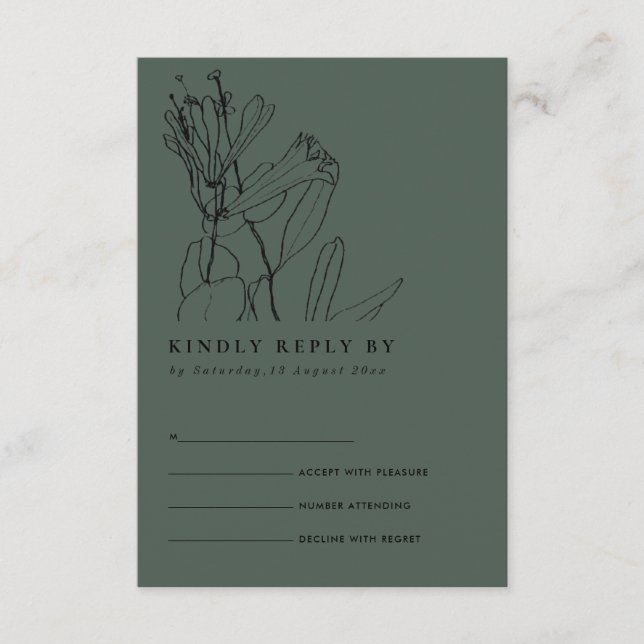 TARJETA DE RECEPCIÓN BOTELLA LÍNEA VERDE DIBUJO FLORAL BODA RSVP (Anverso)