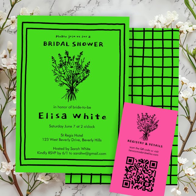 Tarjeta De Recepción Bouquet de flores silvestres Whimsical QR Code Neg (Wildflower Bouquet Whimsical QR Code Bold Bright  Bridal Enclosure Card
)