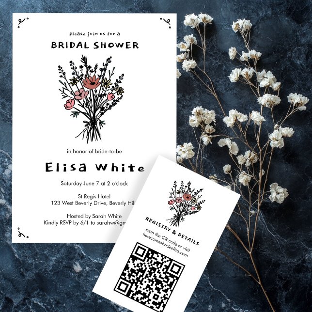 Tarjeta De Recepción Bouquet de flores silvestres Whimsical QR Code Neg (Wildflower Bouquet Whimsical QR Code Bold Bridal Enclosure Card
)