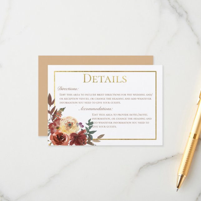Tarjeta De Recepción Bouquet floral de marfil con detalles de oro (Anverso/Reverso In Situ)