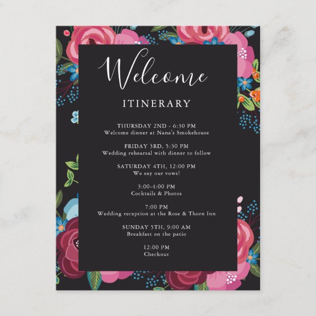 Tarjeta De Recepción Bouquets rosados y azules Itinerario Boda negro (Anverso)