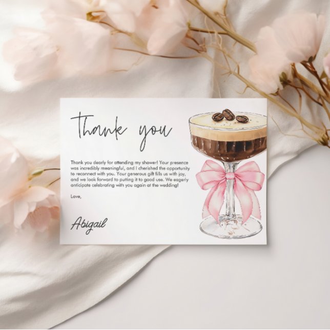 Tarjeta De Recepción Bow Rosa Espresso Martini Bridal Shower Gracias (Pink Bow Espresso Martini Bridal Shower Thank You Enclosure Card)