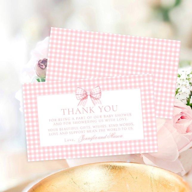Tarjeta De Recepción Bow Rosa Gingham Sweet Baby Shower Gracias (Subido por el creador)