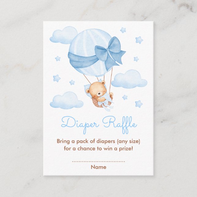 Tarjeta De Recepción Boy Bear Blue Balloon Baby Shower Diaper Raffle (Anverso)
