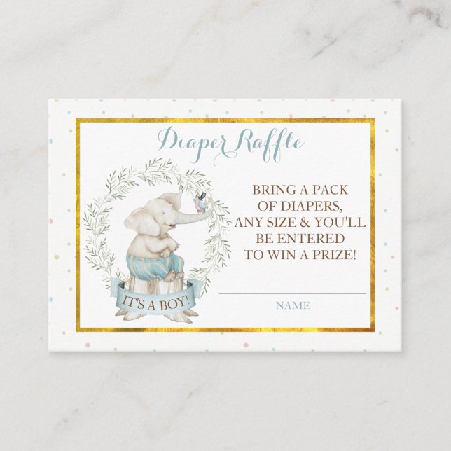 Tarjeta De Recepción Boy Elephant Baby Shower Diaper Raffle (Anverso)