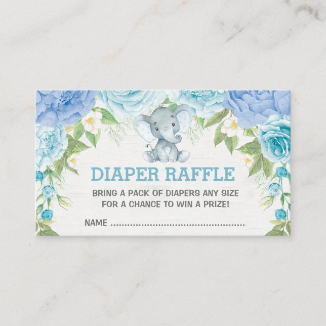 Tarjeta De Recepción Boy Elephant Blue Floral Baby Diaper Raffle (Anverso)
