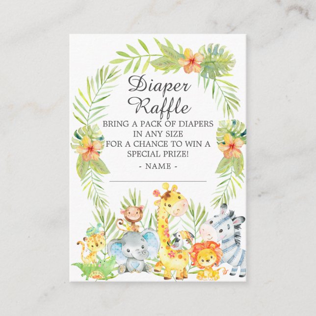 Tarjeta De Recepción Boy Jungle Animales Baby Shower Diaper Raffle (Anverso)