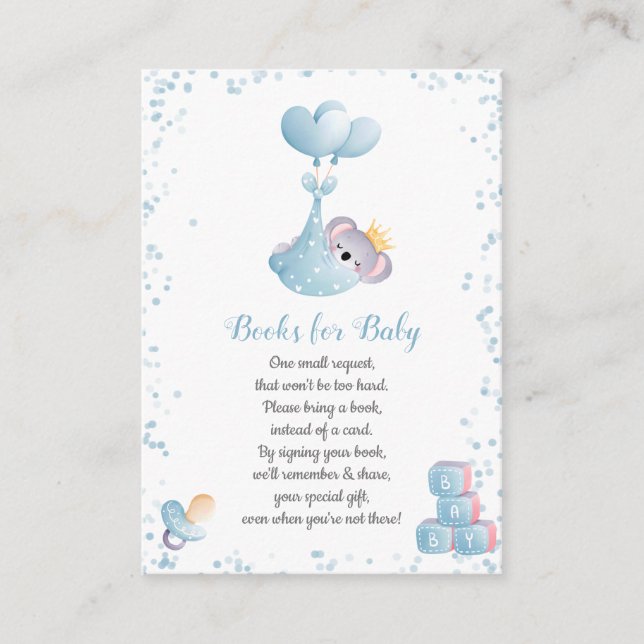 Tarjeta De Recepción Boy Koala lleva libros azules para Baby Shower (Anverso)