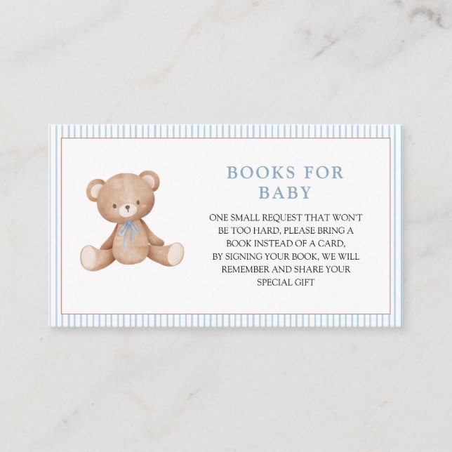 Tarjeta De Recepción Boy Teddy Bear Blue Baby Shower Book Request (Anverso)