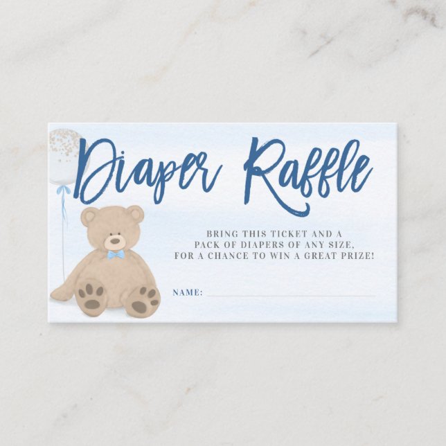Tarjeta De Recepción Boy Teddy Bear Blue Balloon Diaper Raffle Ticket (Anverso)