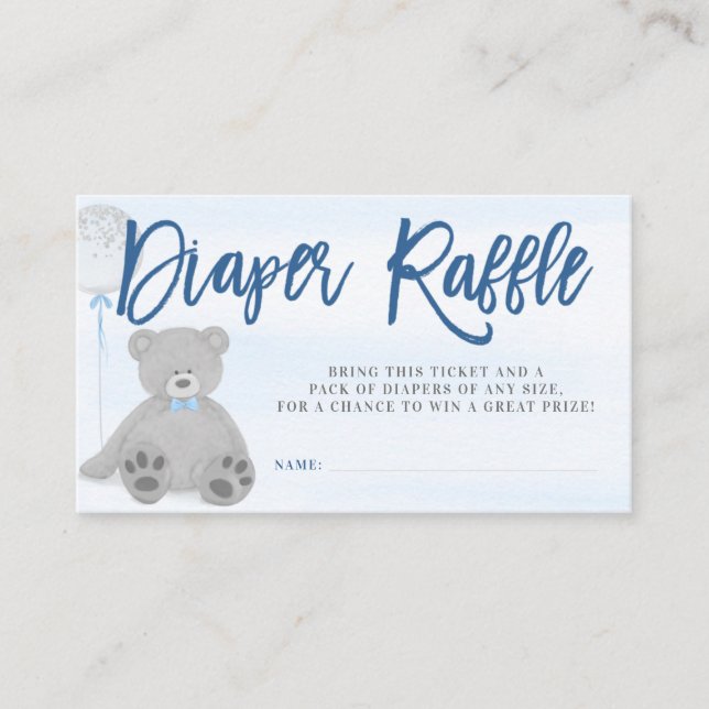 Tarjeta De Recepción Boy Teddy Bear Gray Balloon Diaper Raffle Ticket (Anverso)
