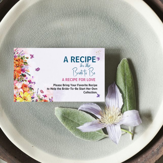 Tarjeta De Recepción Bridal Shower Recipe Request Spring Pastel Floral (a recipe for the bride to be for love spring watercolor floral butterfly bridal shower wildflowers)