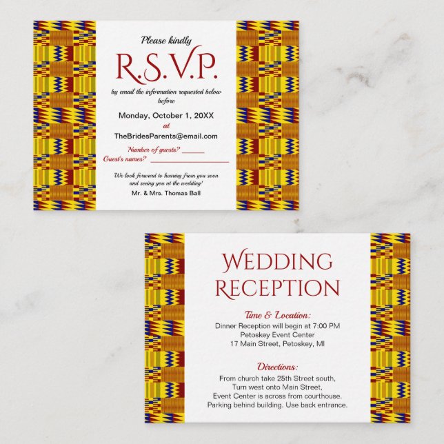 Tarjeta De Recepción Bright African Kente K29 RSVP & Directions (Anverso / Reverso)