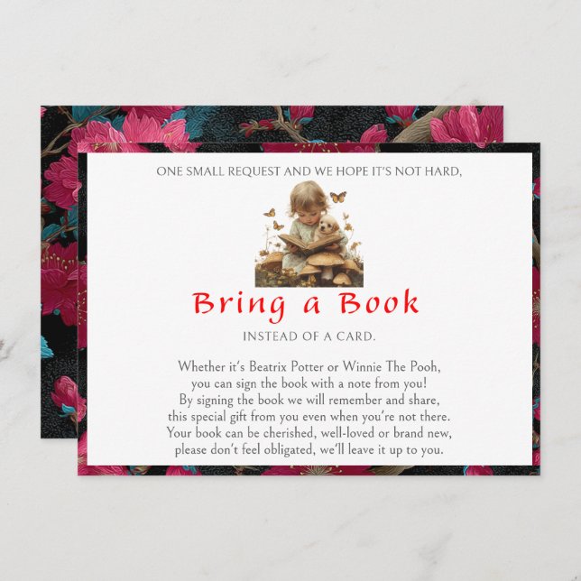 Tarjeta De Recepción Bring a Book Baby Girl Puppy Red Flowers   (Anverso / Reverso)