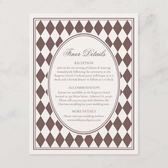 Tarjeta De Recepción Brown Harlequin Checkered Finer Details Wedding (Anverso)