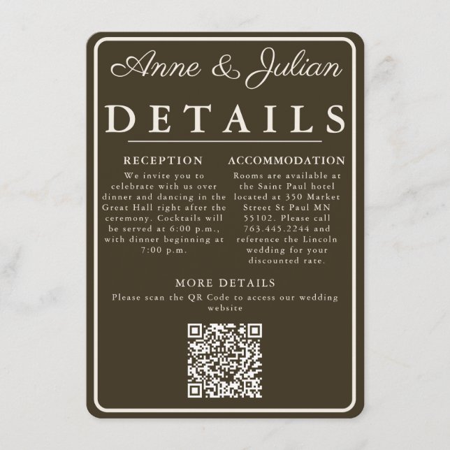 Tarjeta De Recepción Brown Modern Wedding Details Card QR Code & photo (Anverso)