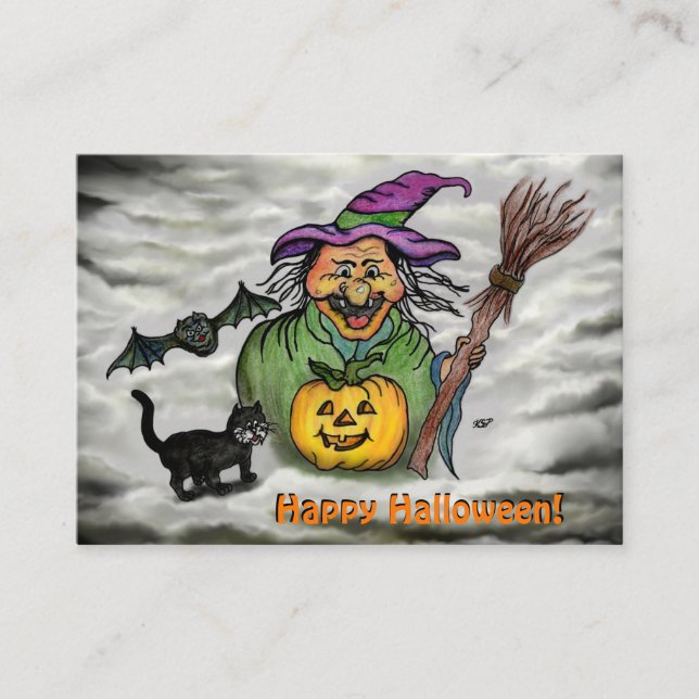 Tarjeta De Recepción Bruja, gato, murciélago y calabaza, ¡Feliz Hallowe (Anverso)
