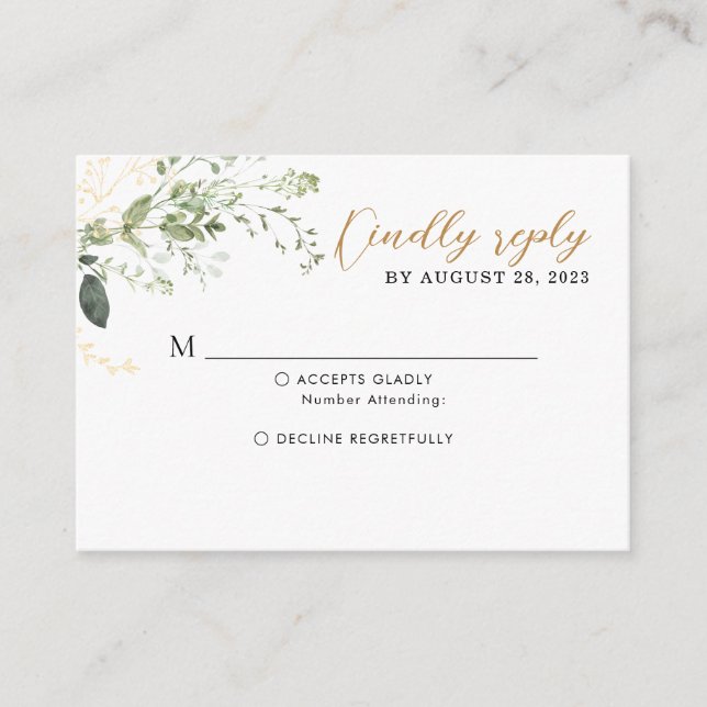 Tarjeta De Recepción BUDGET Elegant Gold Greenery Eucalyptus Wedding (Anverso)