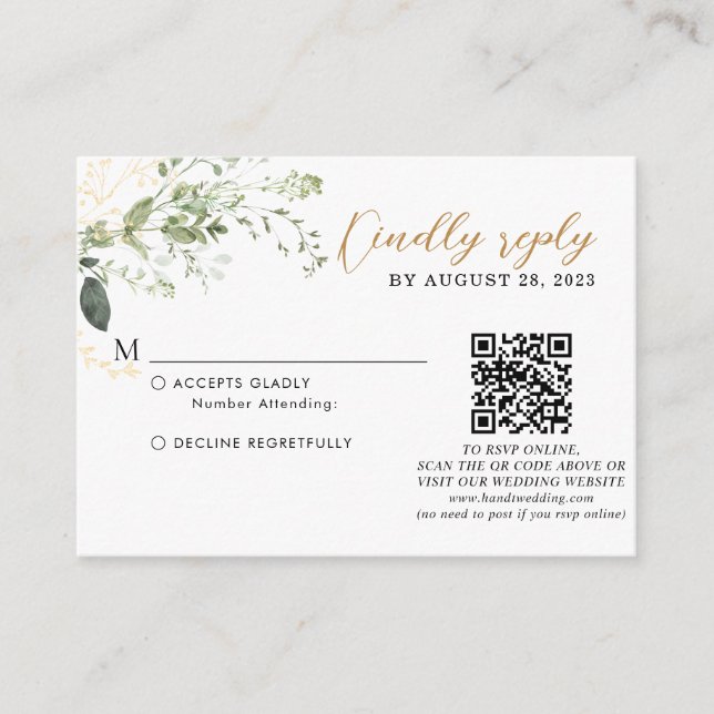Tarjeta De Recepción Budget Gold Greenery Eucalyptus QR Code Wedding  (Anverso)