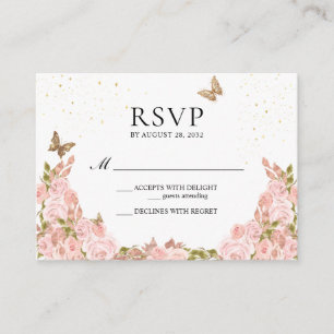 Tarjeta De Recepción BUDGET Rubor Rosa Floral Mariposa Quinceañera