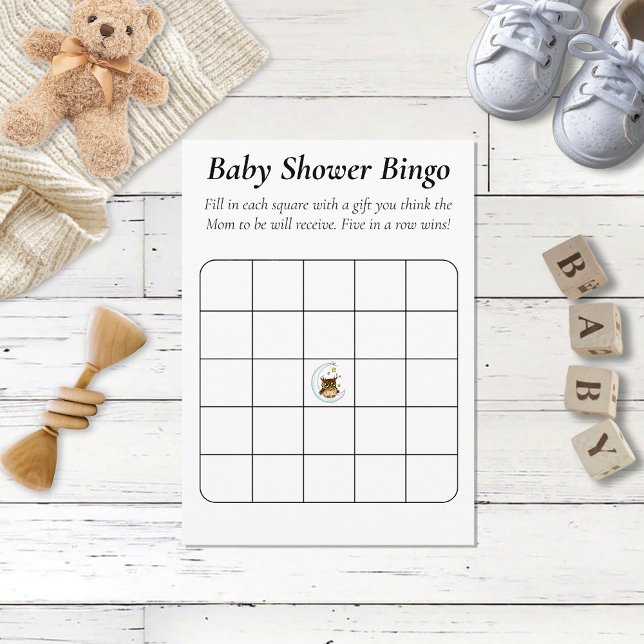 Tarjeta De Recepción Búho Moon Blue Cute Stars Bingo Baby Shower (Subido por el creador)