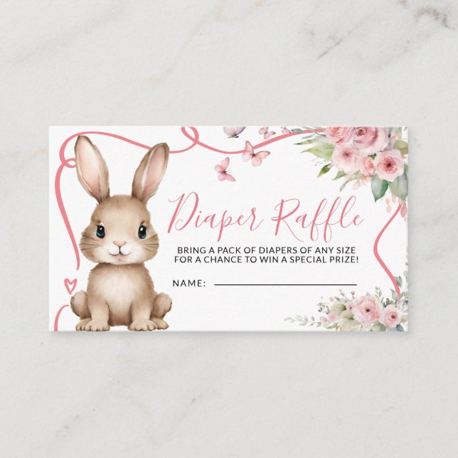 Tarjeta De Recepción Bunny Baby Shower Girl Pink Floral Diaper Raffle (Anverso)