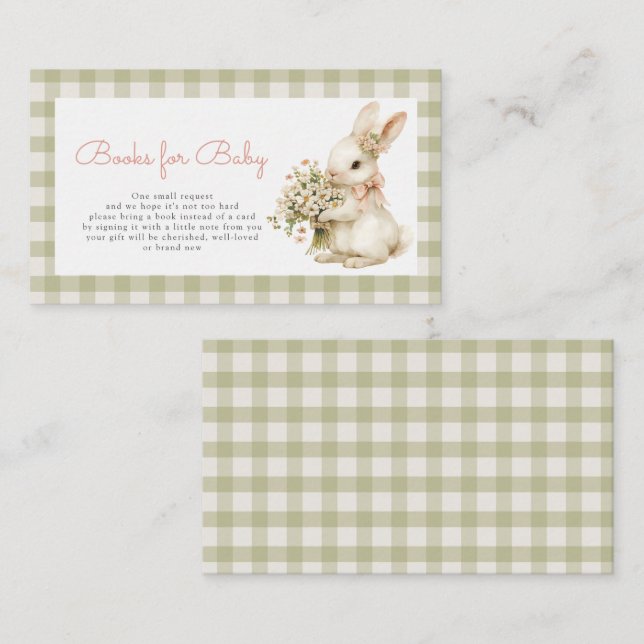 Tarjeta De Recepción Bunny Green Gingham Baby Shower Books para el bebé (Anverso / Reverso)