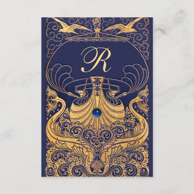 Tarjeta De Recepción Buque antiguo, delfines, oro, azul marino (Anverso)