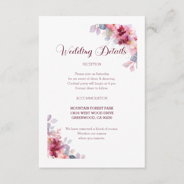 Tarjeta De Recepción Burgundy Autumn Watercolor Floral Wedding (Anverso)
