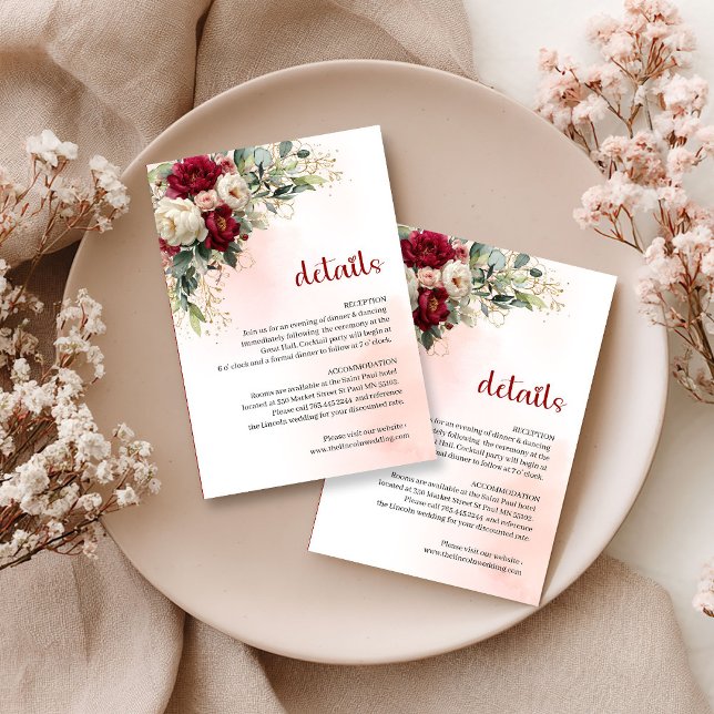 Tarjeta De Recepción Burgundy blush flowers gold border wedding details (Burgundy blush flowers gold border wedding details

)