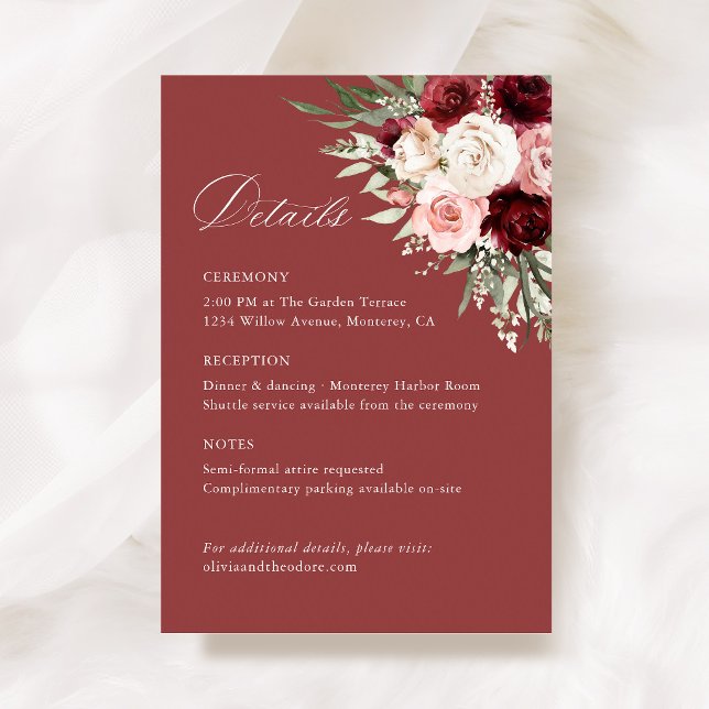 Tarjeta De Recepción Burgundy Blush Pink Floral Wedding Details, Info (Burgundy blush pink floral wedding information card rose elegant ceremony reception details)