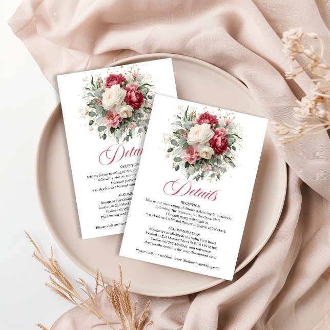 Tarjeta De Recepción Burgundy Blush White Floral Wedding Details (Burgundy Blush White Floral Wedding Details)