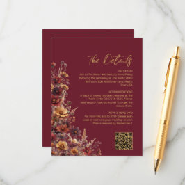 Tarjeta De Recepción Burgundy Boho Wildflowers QR Code Wedding Details