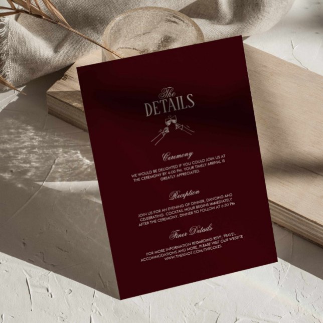 Tarjeta De Recepción Burgundy Classic Retro Wedding Details  (burgundy formal trendy wedding details card, deep red cherry classic ceremony details enclosure card)