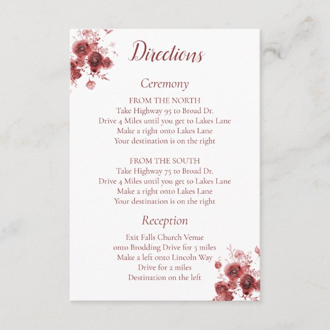 Tarjeta De Recepción Burgundy Direcciones florales (Anverso)