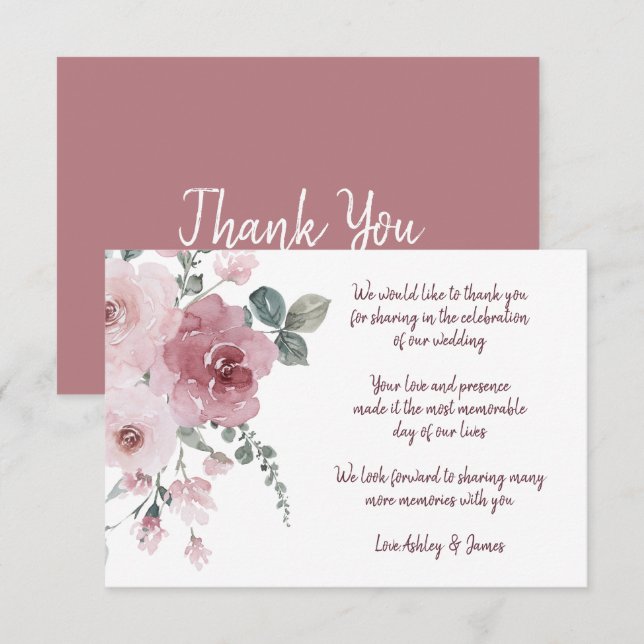 Tarjeta De Recepción Burgundy Dusty Boda Floral Rosa Gracias (Anverso / Reverso)