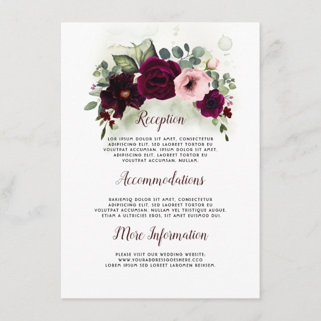 Tarjeta De Recepción Burgundy Floral Boda Detalles Información Invitada (Anverso)