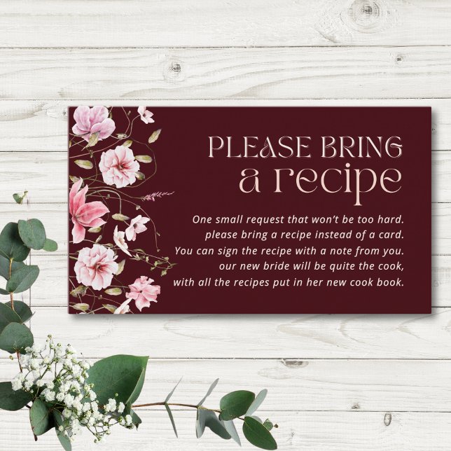 Tarjeta De Recepción Burgundy Floral Bridal Shower Recipe Request  (Subido por el creador)