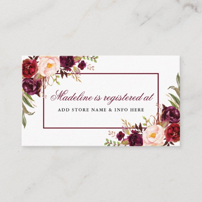 Tarjeta De Recepción Burgundy Floral Bridal Shower Registry Insert Card (Anverso)