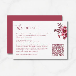 Tarjeta De Recepción  Burgundy Floral Wedding Details Card QR Code 