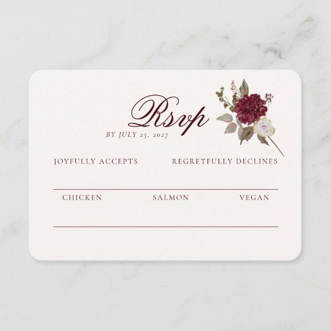 Tarjeta De Recepción Burgundy Floral Wedding RSVP Card (Anverso)