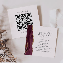 Tarjeta De Recepción Burgundy Gold Agate Blush Wedding QR Code RSVP