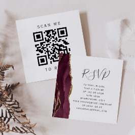 Tarjeta De Recepción Burgundy Gold Agate Boda QR Code RSVP