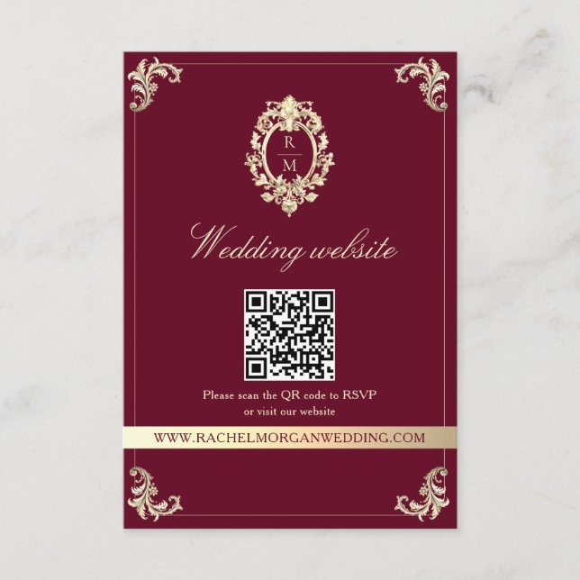 Tarjeta De Recepción Burgundy Gold Baroque Wedding Website QR Card (Anverso)