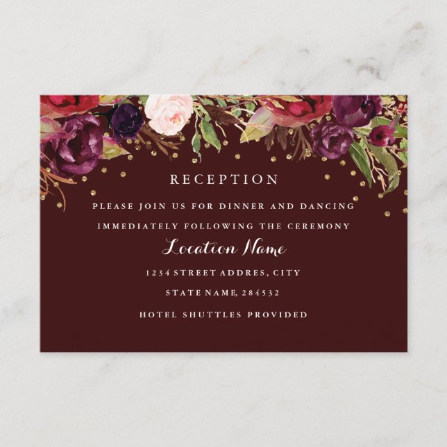 Tarjeta de recepción Burgundy Gold Floral Wedding (Anverso)