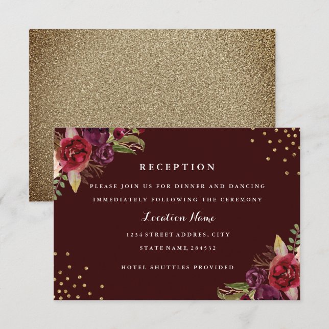 Tarjeta de recepción Burgundy Gold Floral Wedding (Anverso / Reverso)