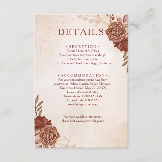 Tarjeta De Recepción Burgundy & Gold Floral Wedding Enclosure Card (Anverso)