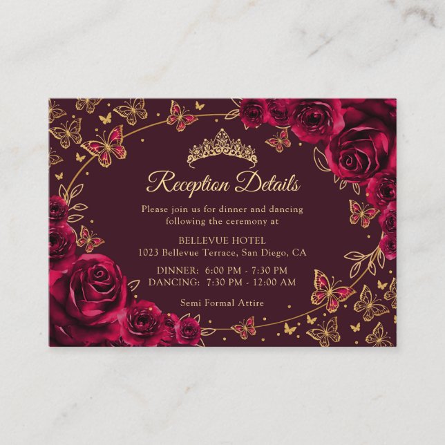 Tarjeta De Recepción Burgundy Gold Quinceanera Reception Details (Anverso)